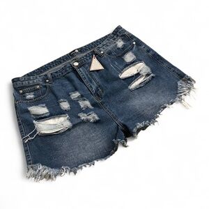 Boohoo Plus Dark Blue Ripped Jean Shorts
